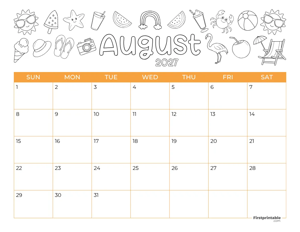 Printable August Calendar 2027 Summer Template 25