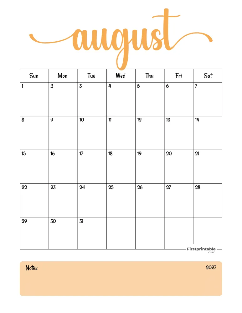 Printable August Calendar 2027 Template 04