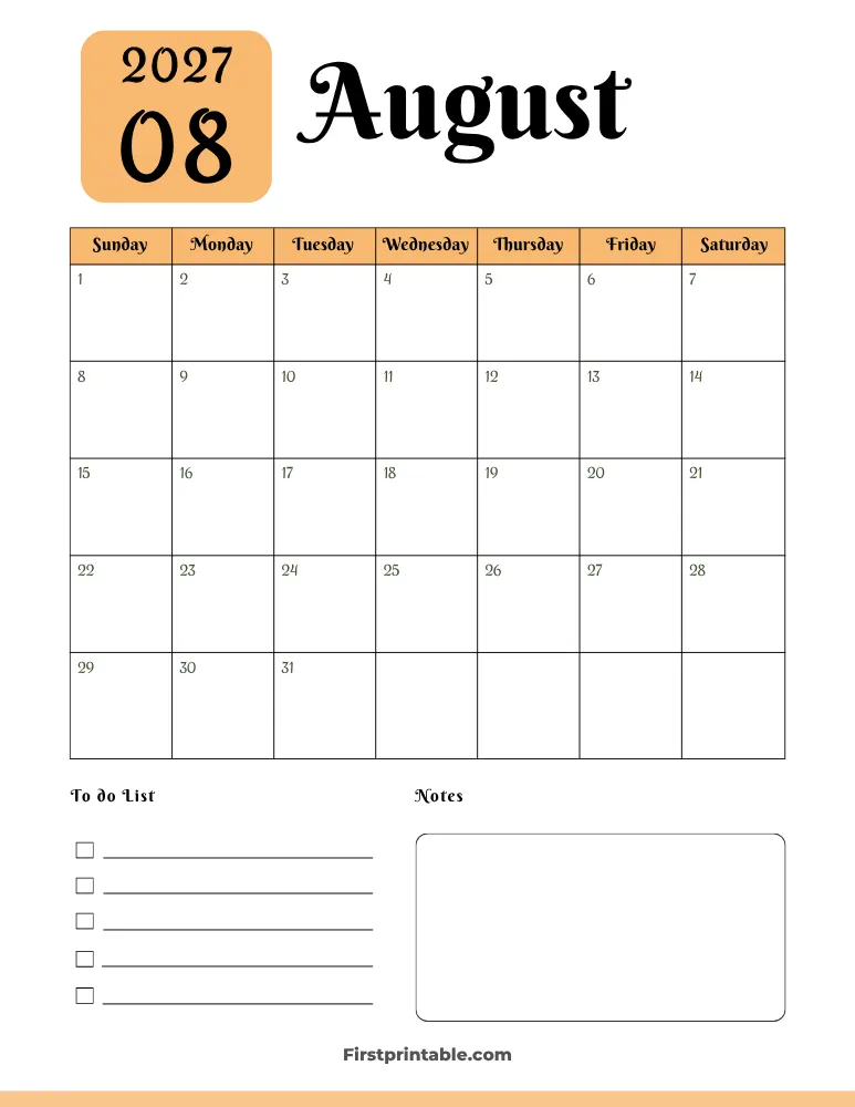 Printable August Calendar 2027 Template 05