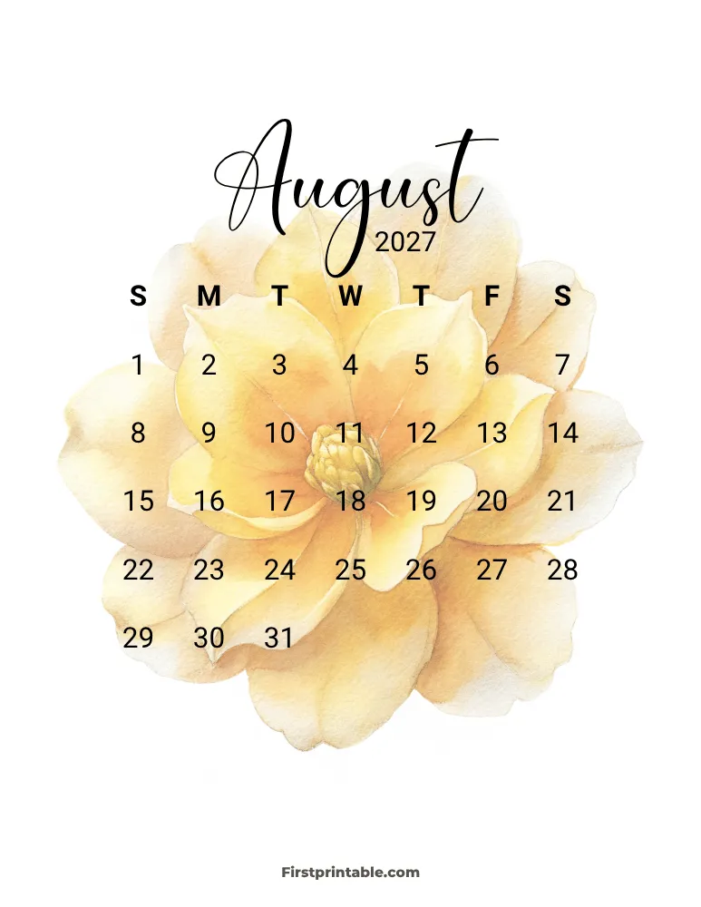 Printable August Calendar 2027 Template 12
