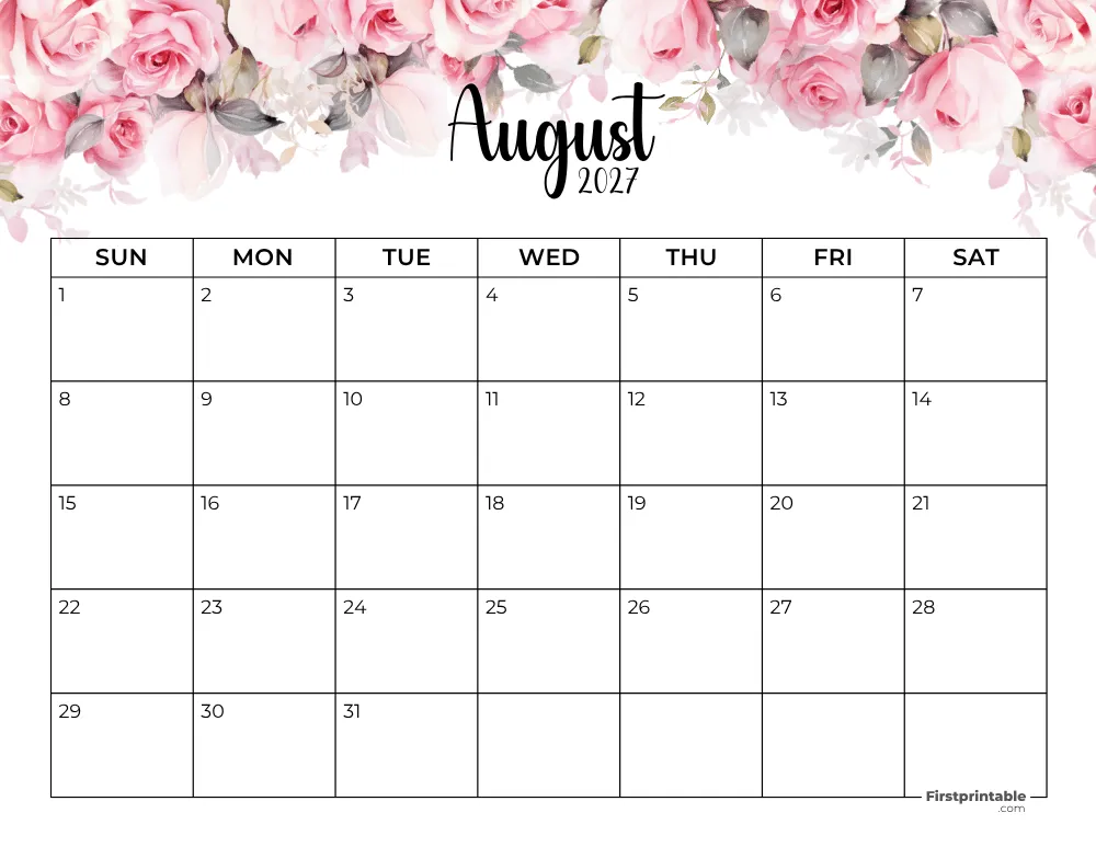 Printable August Calendar 2027 Template 13