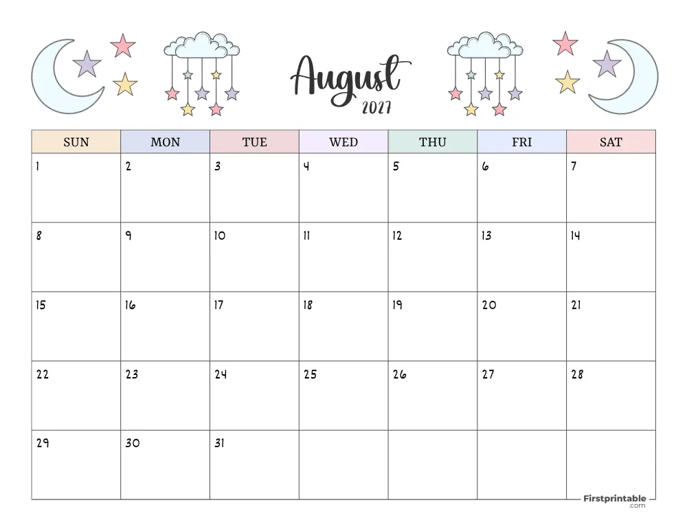 Printable August Calendar 2027 Template 14