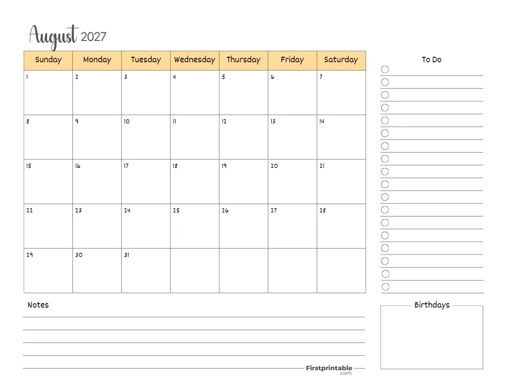 Printable August Calendar 2027 Template 15