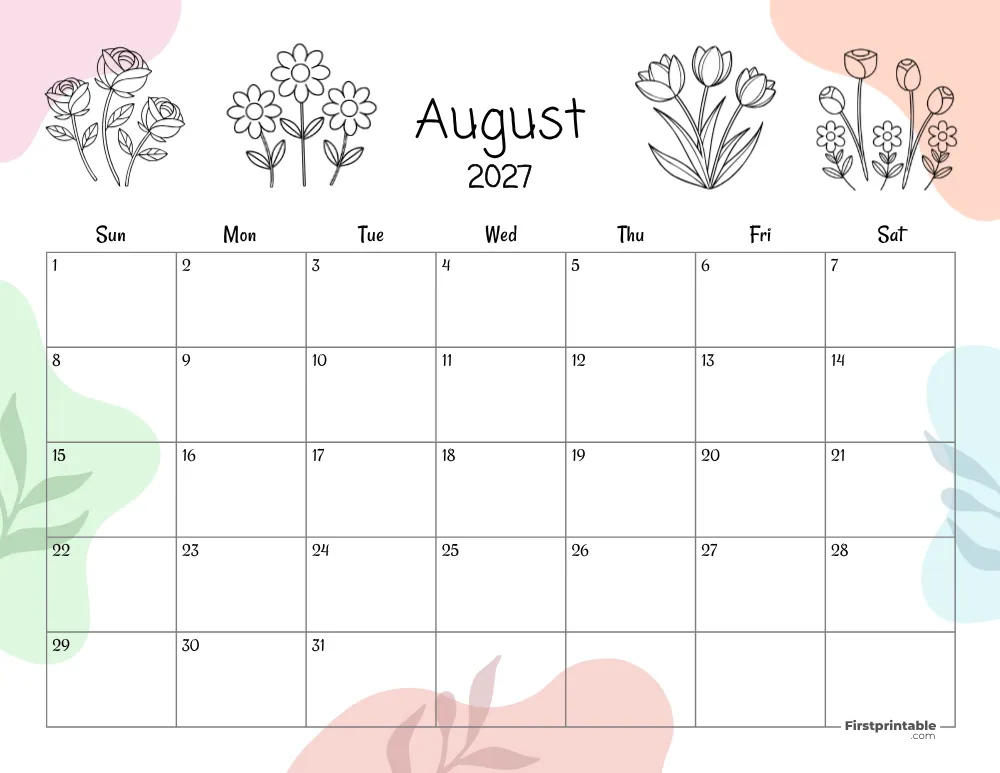 Printable August Calendar 2027 Template 16