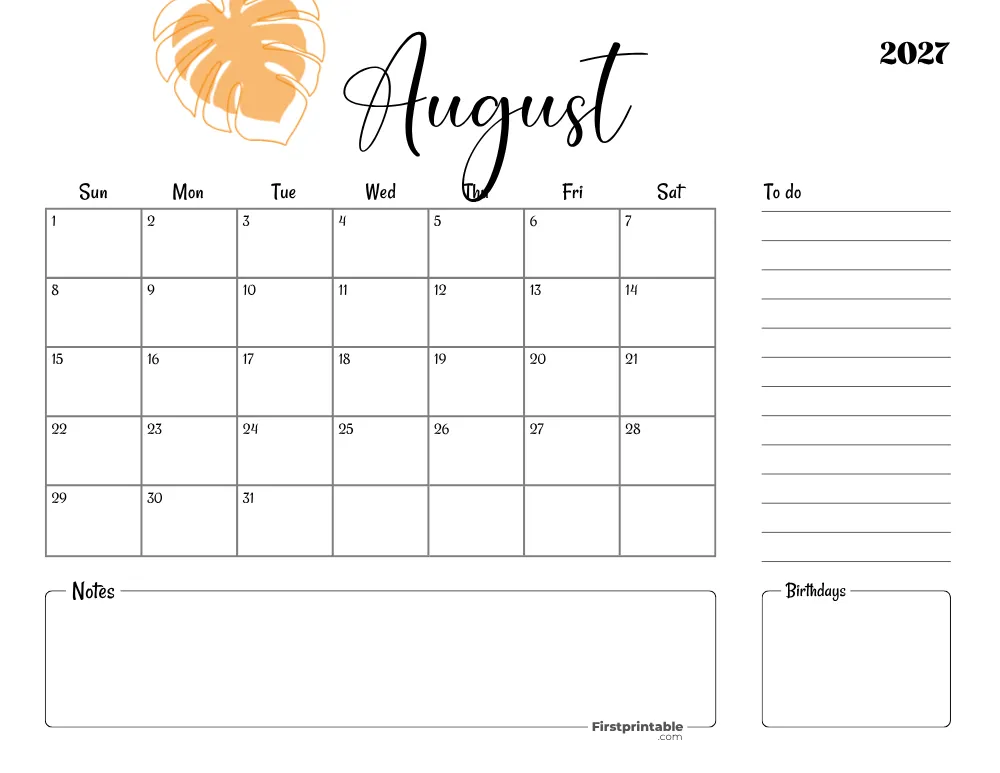 Printable August Calendar 2027 Template 18