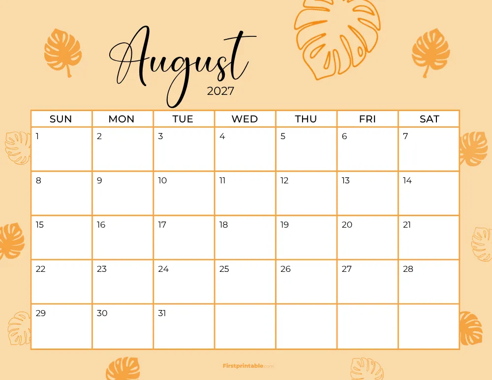 Printable August Calendar 2027 Template 19
