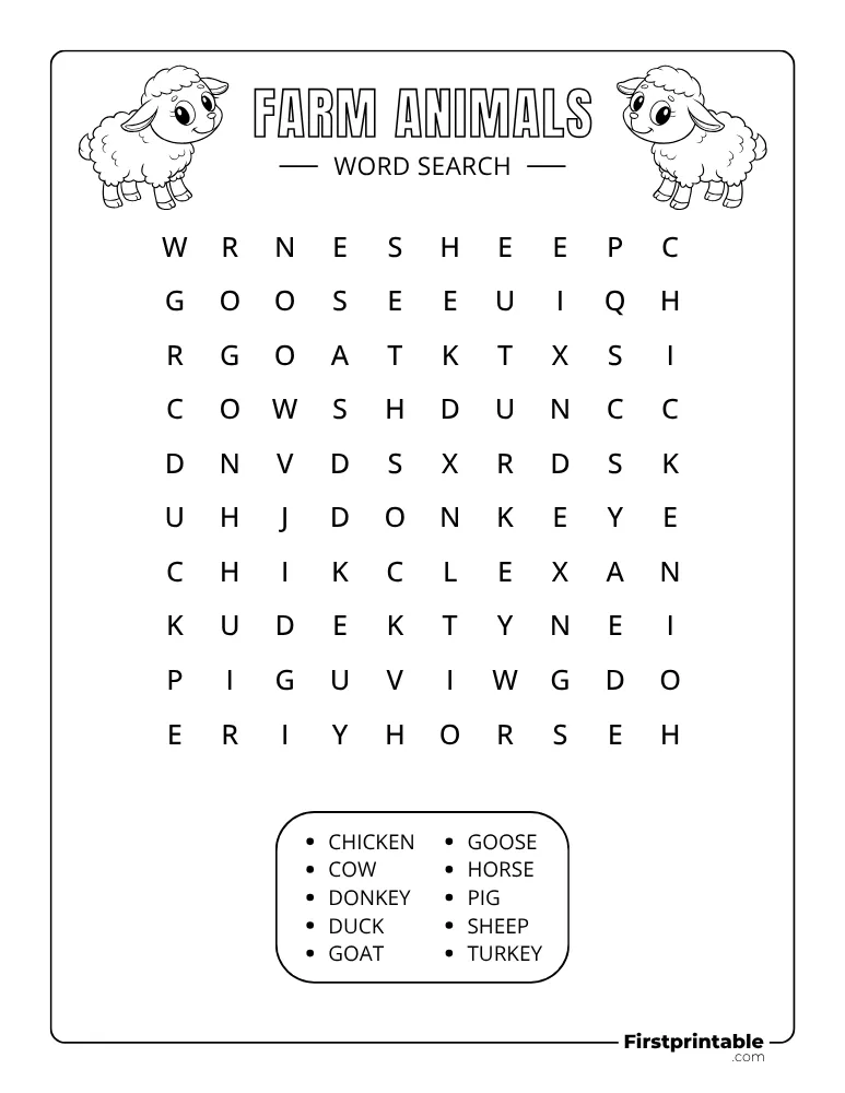 Farm Animals Word Search - Easy 02