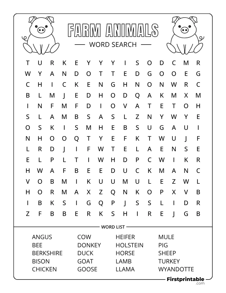 Farm Animals Word Search - Medium 02