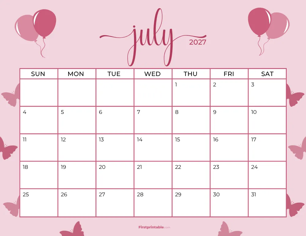 Printable July Calendar 2027 Fourth Of July Template 20