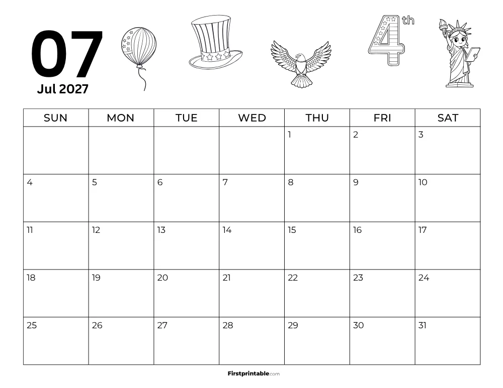 Printable July Calendar 2027 Fourth of July Template 24