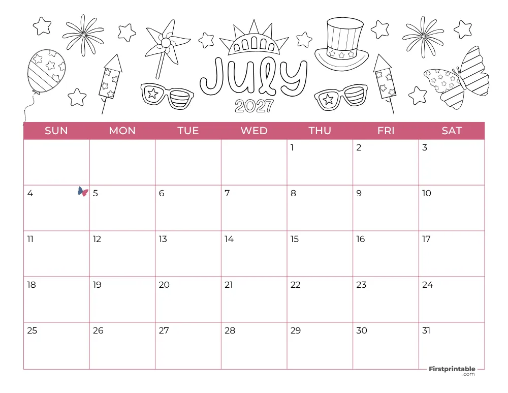 Printable July Calendar 2027 Fourth of July Template 25