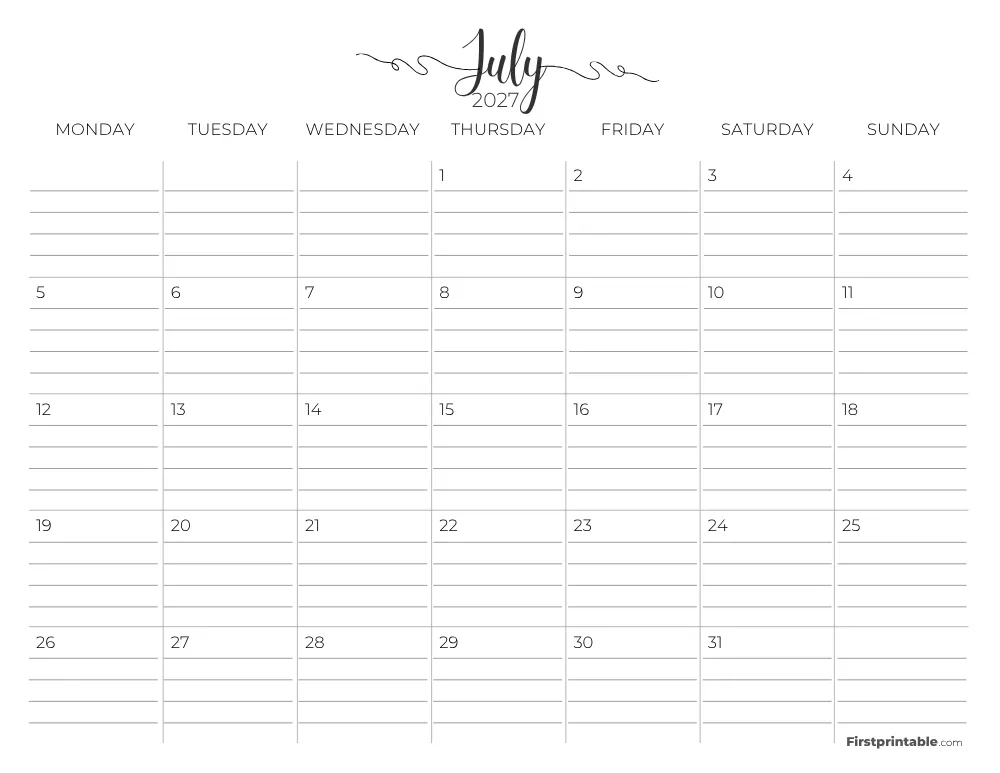 Printable July Calendar 2027 Monday Start Template 26