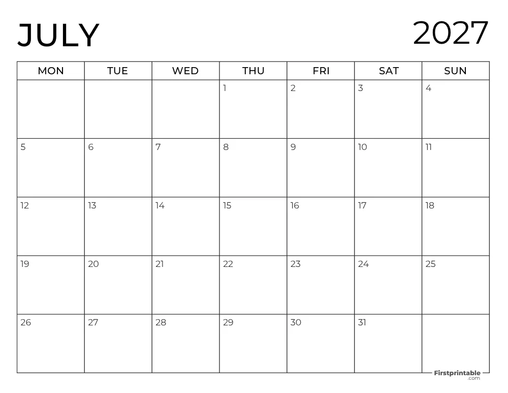 Printable July Calendar 2027 Monday Start Template 27