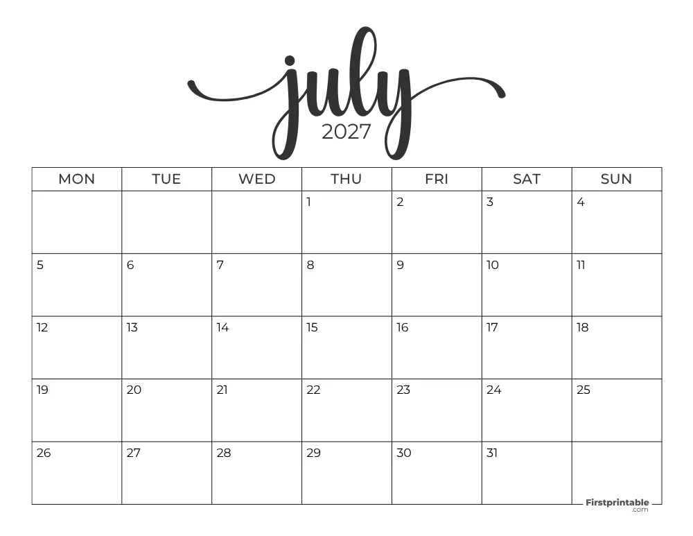 Printable July Calendar 2027 Monday Start Template 28
