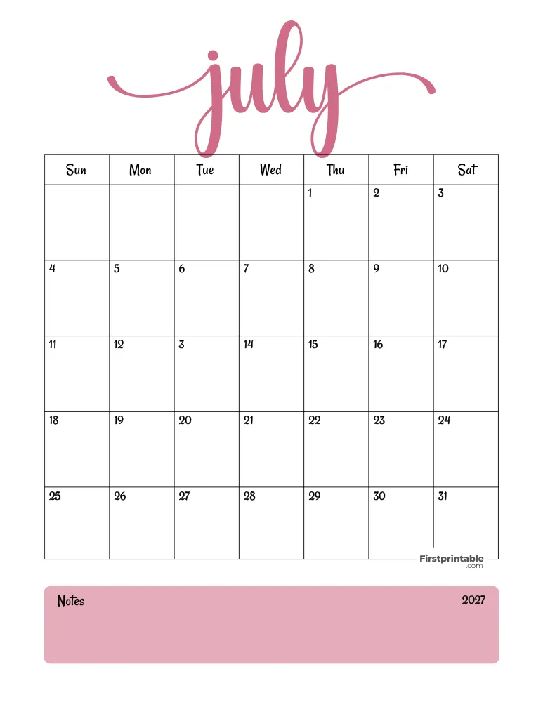 Printable July Calendar 2027 Template 04