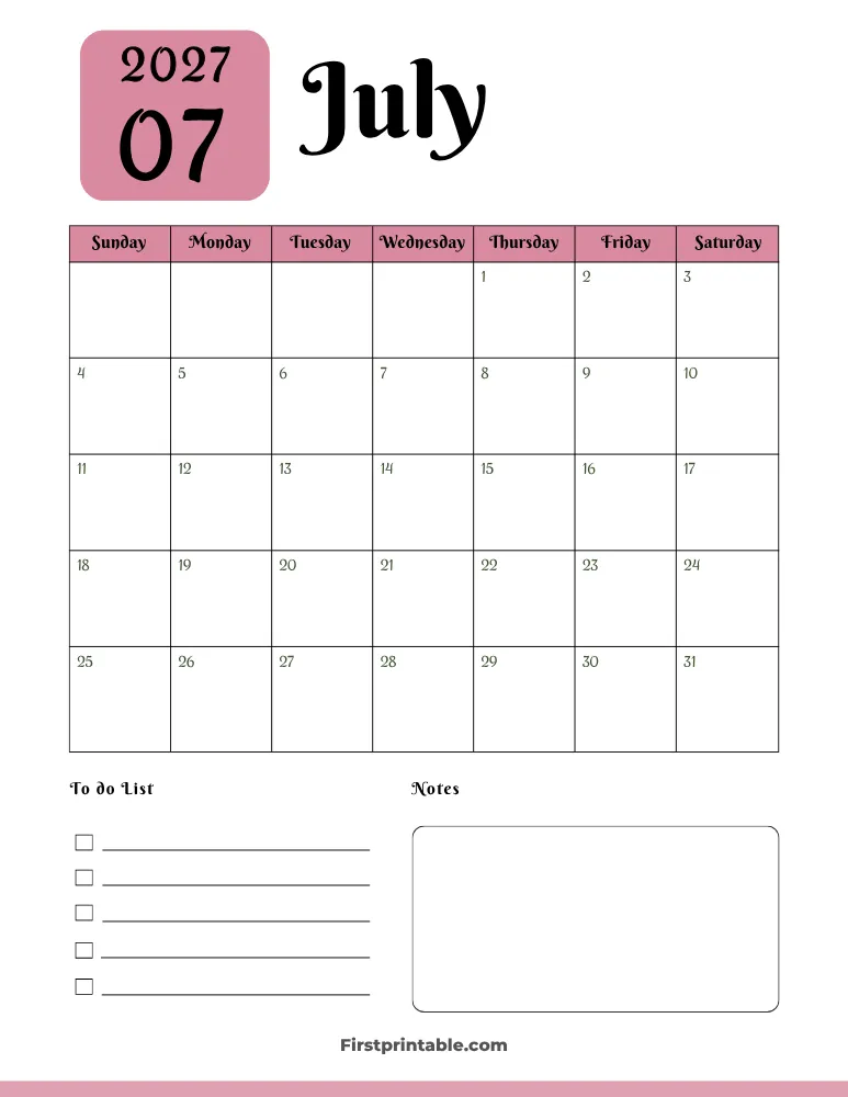 Printable July Calendar 2027 Template 05