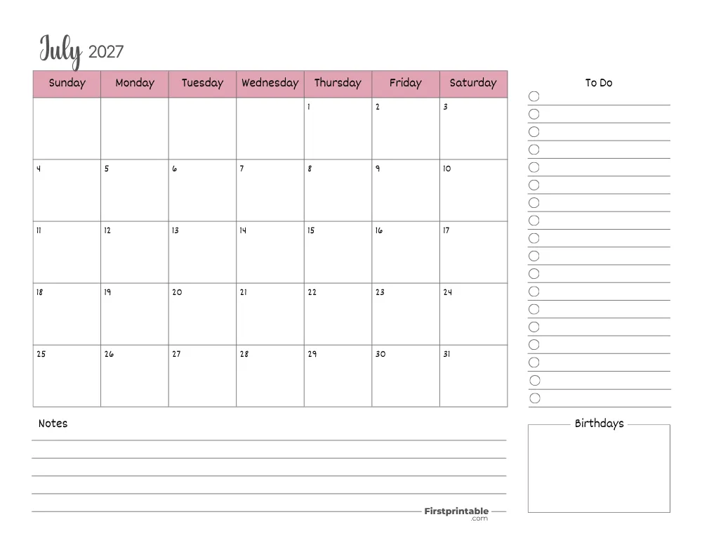 Printable July Calendar 2027 Template 15