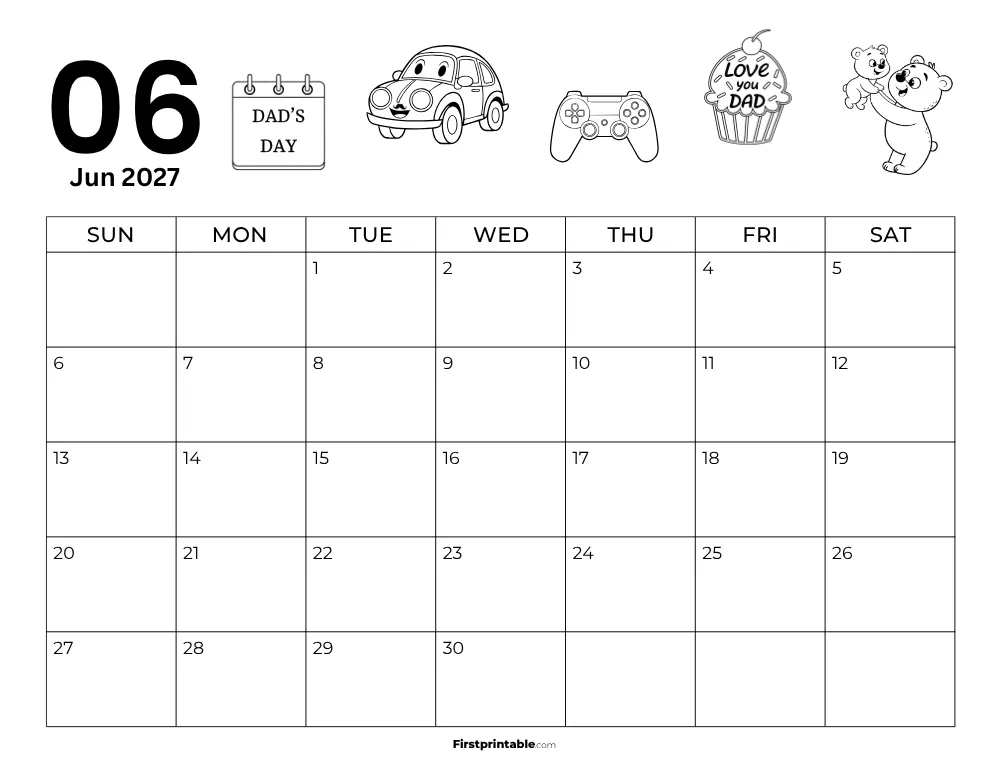 Printable June Calendar 2027 Fathers Day Template 24