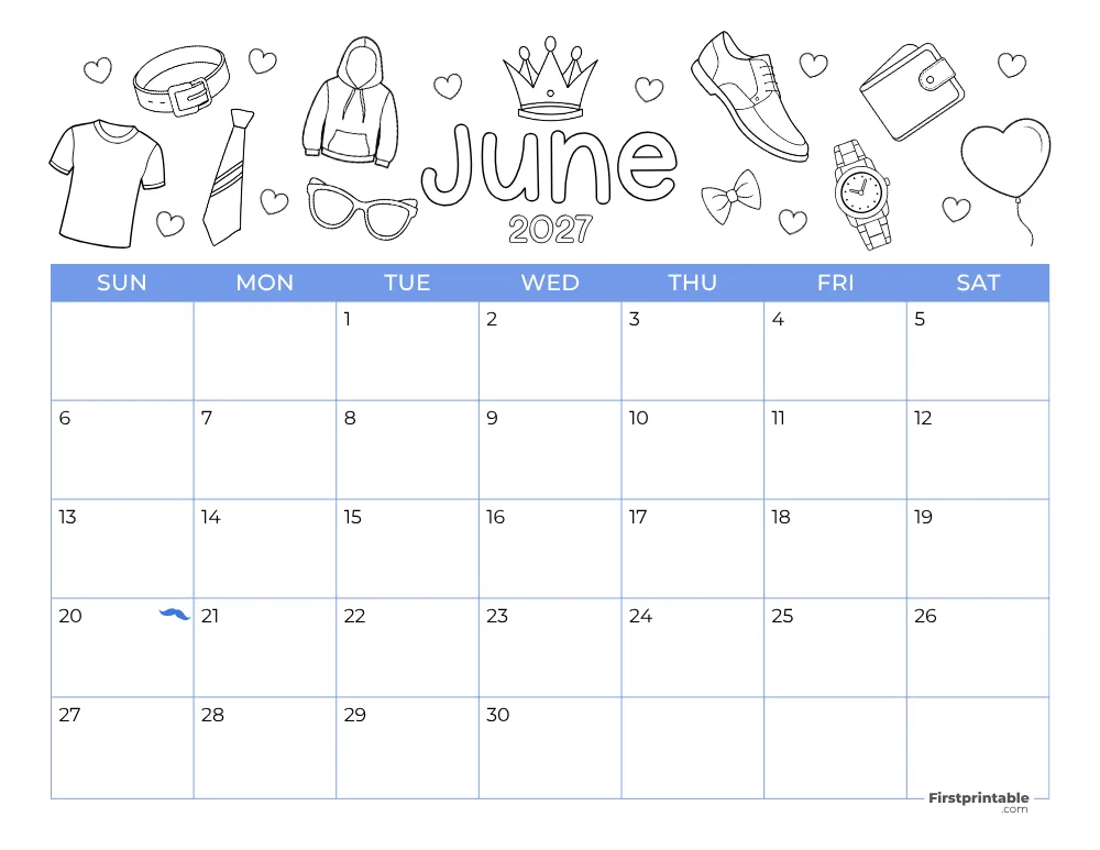 Printable June Calendar 2027 Fathers Day Template 25