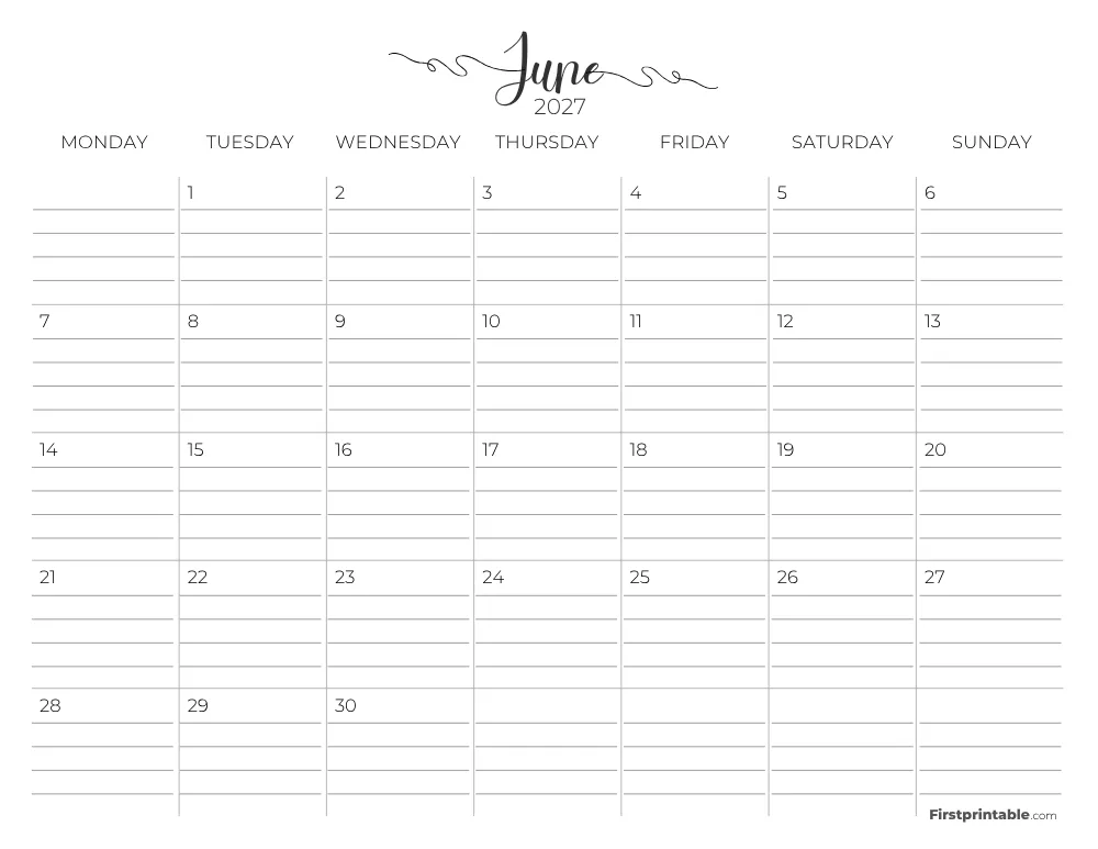 Printable June Calendar 2027 Monday Start Template 26