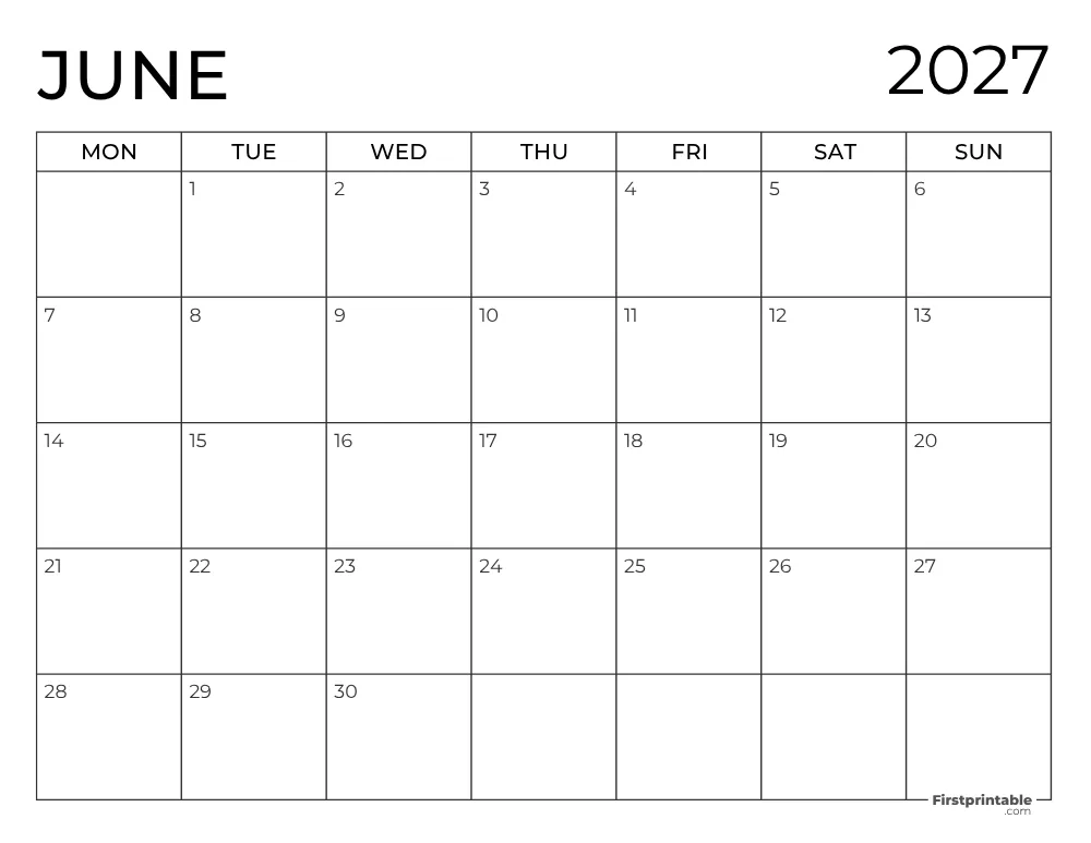Printable June Calendar 2027 Monday Start Template 27