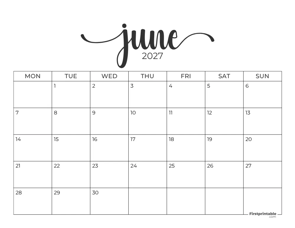 Printable June Calendar 2027 Monday Start Template 28