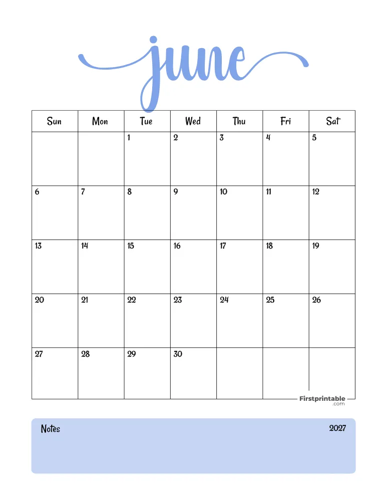 Printable June Calendar 2027 Template 04