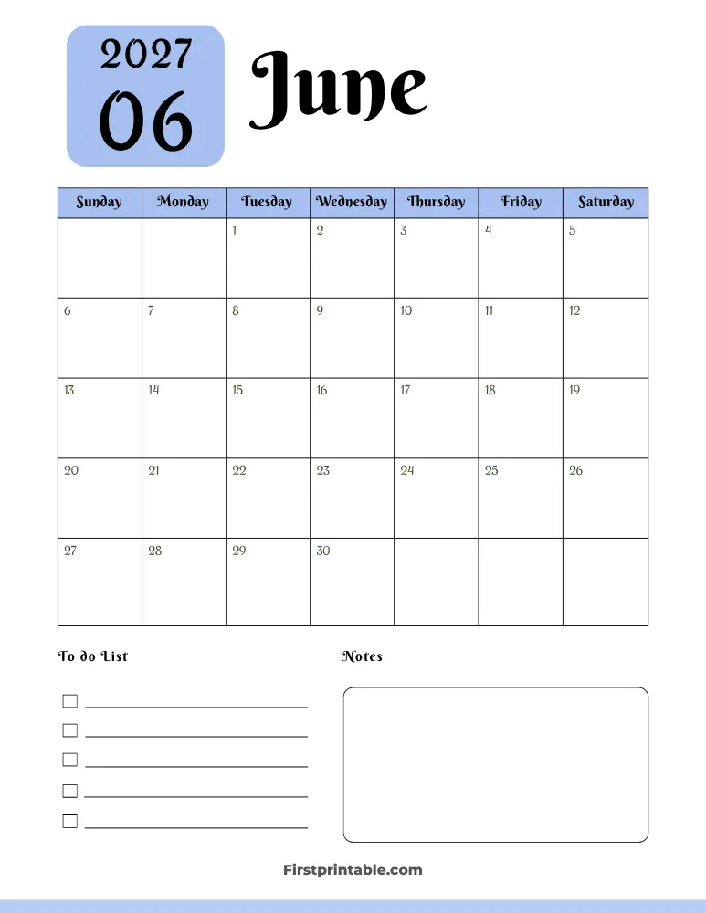 Printable June Calendar 2027 Template 05