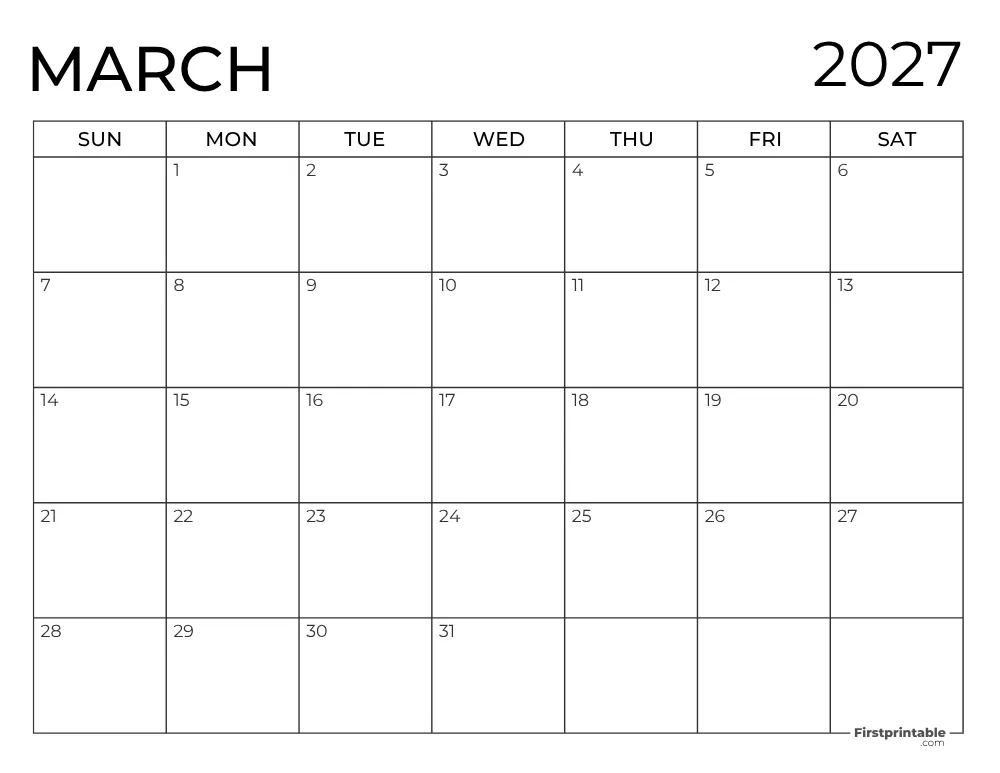 Printable March 2027 Calendar