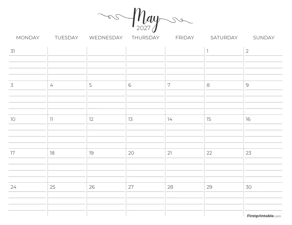 Printable May Calendar 2027 Monday Start Template 26