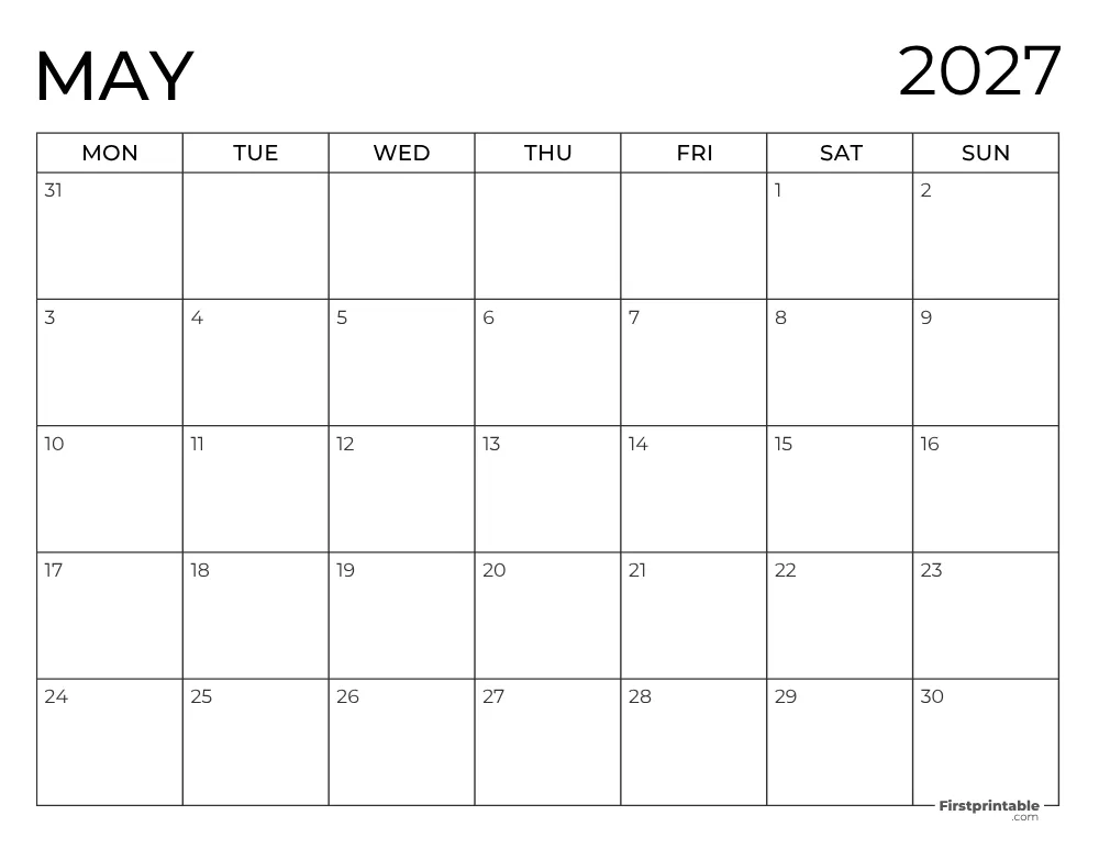 Printable May Calendar 2027 Monday Start Template 27