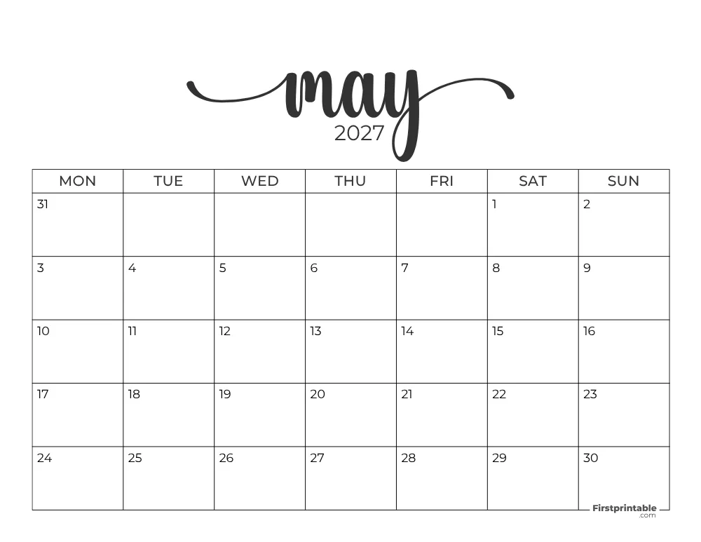 Printable May Calendar 2027 Monday Start Template 28