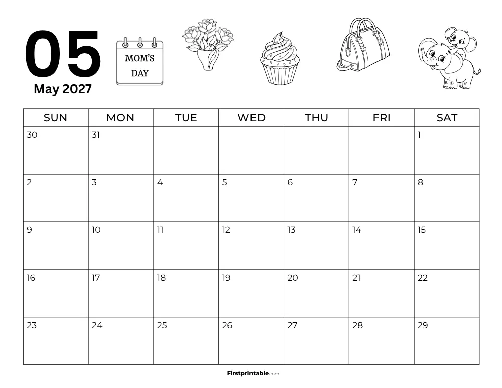 Printable May Calendar 2027 Mothers Day Template 24
