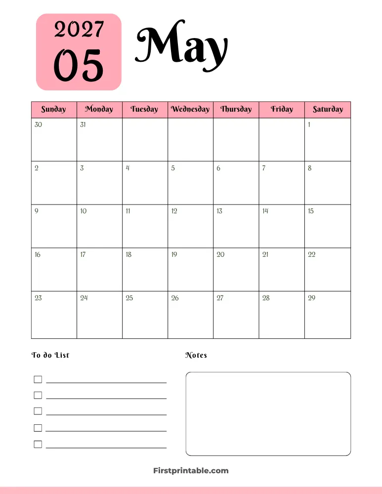 Printable May Calendar 2027 Template 05