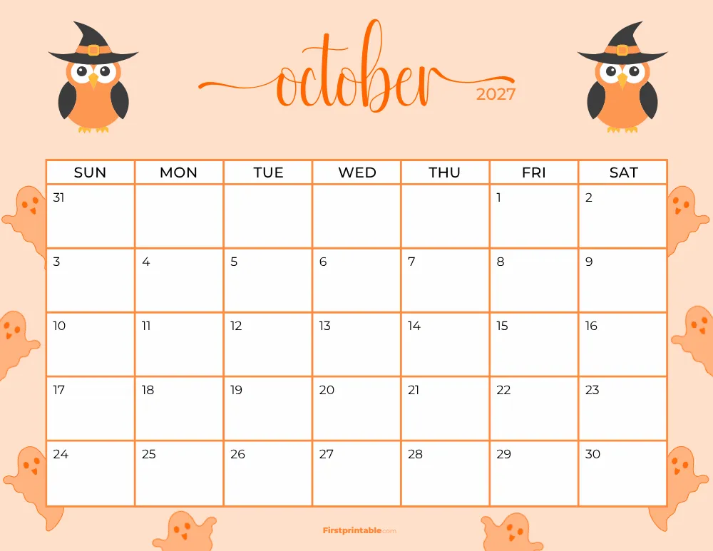 Printable October Calendar 2027 Halloween Template 20
