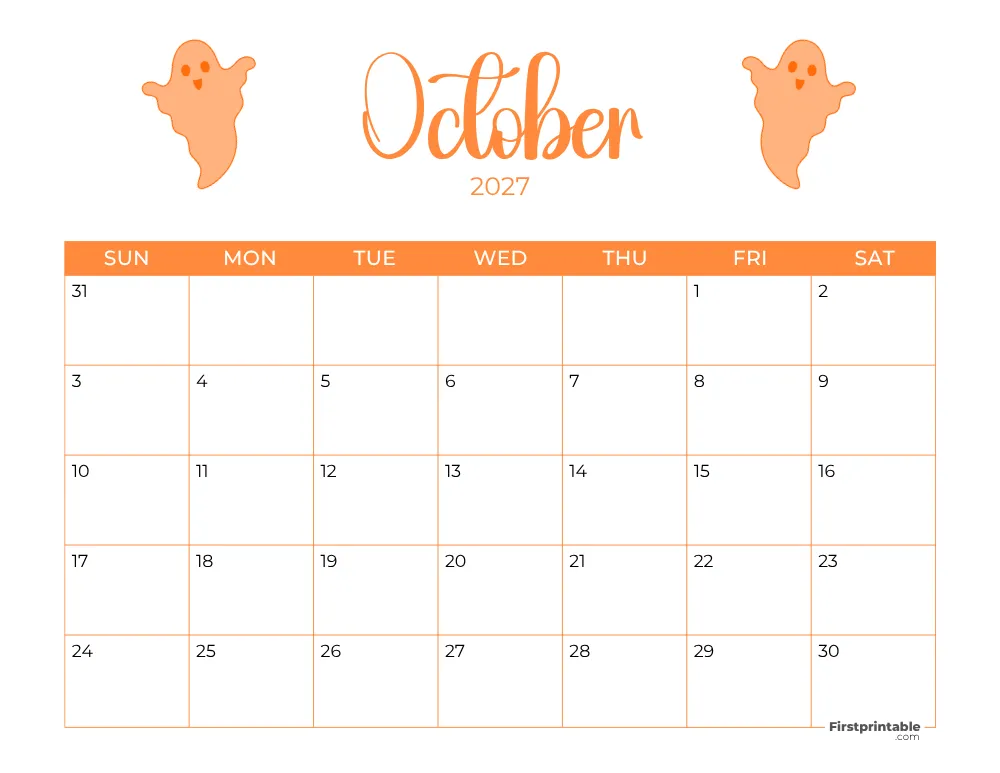 Printable October Calendar 2027 Halloween Template 22