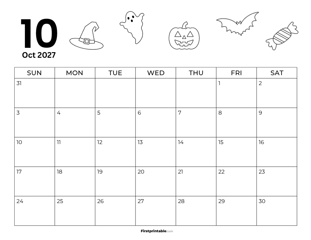 Printable October Calendar 2027 Halloween Template 24