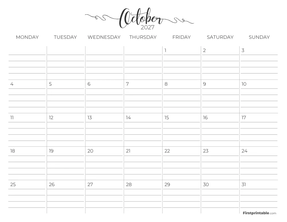 Printable October Calendar 2027 Monday Start Template 26