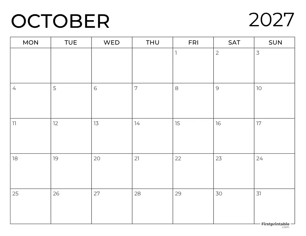 Printable October Calendar 2027 Monday Start Template 27
