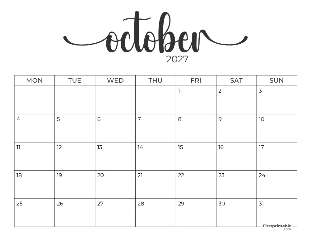Printable October Calendar 2027 Monday Start Template 28