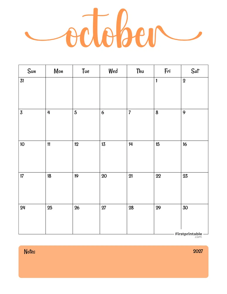 Printable October Calendar 2027 Template 04