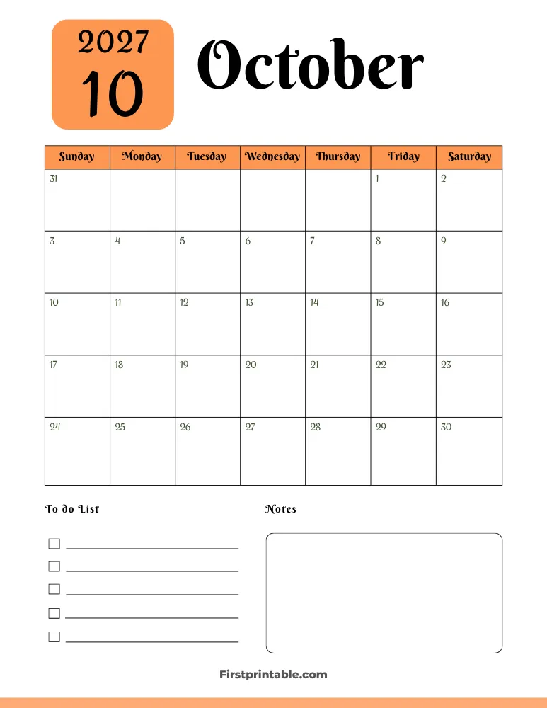 Printable October Calendar 2027 Template 05