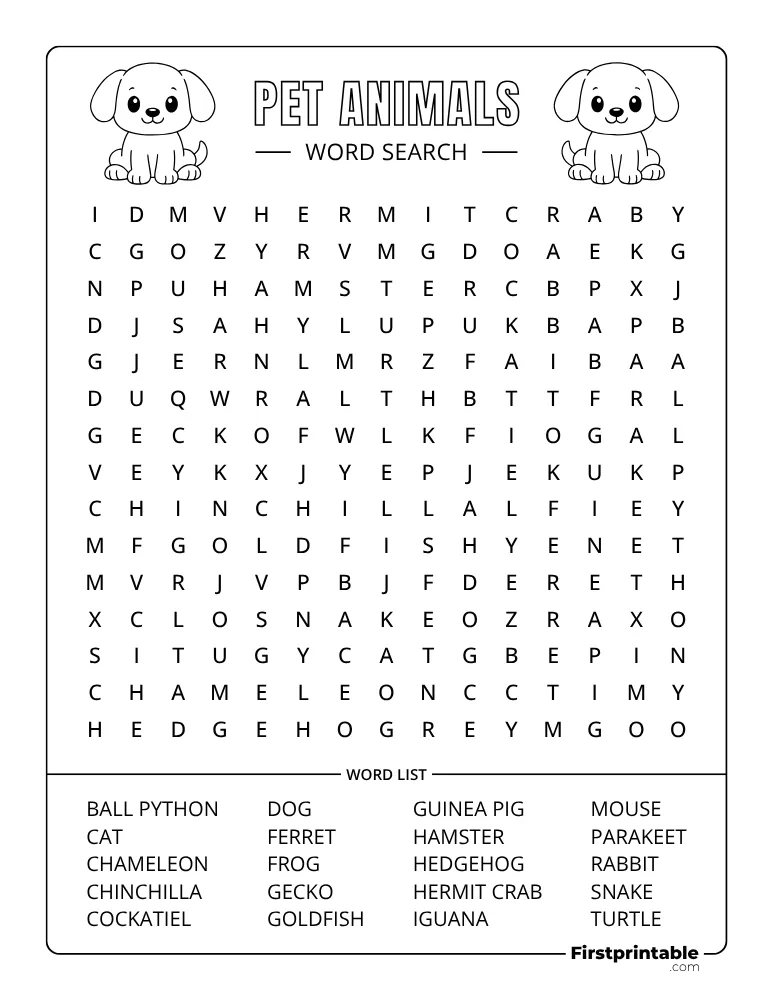Pet Animals Word Search - Medium 01