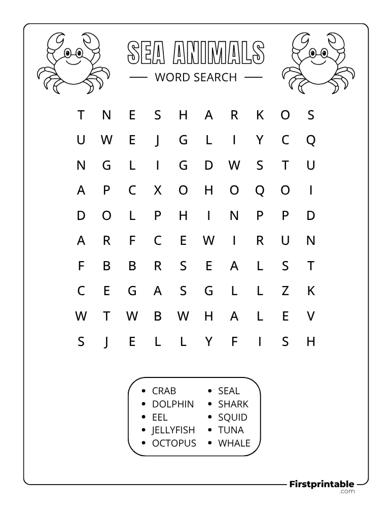 Sea Animals Word Search - Easy 04