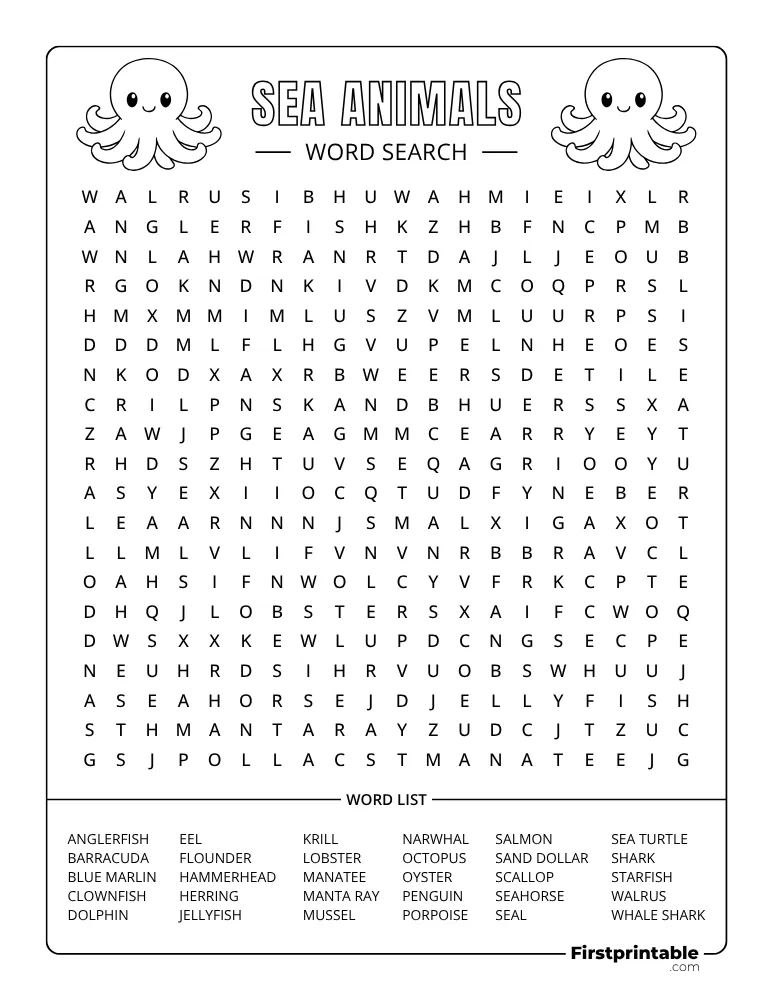 Sea Animals Word Search - Hard 04