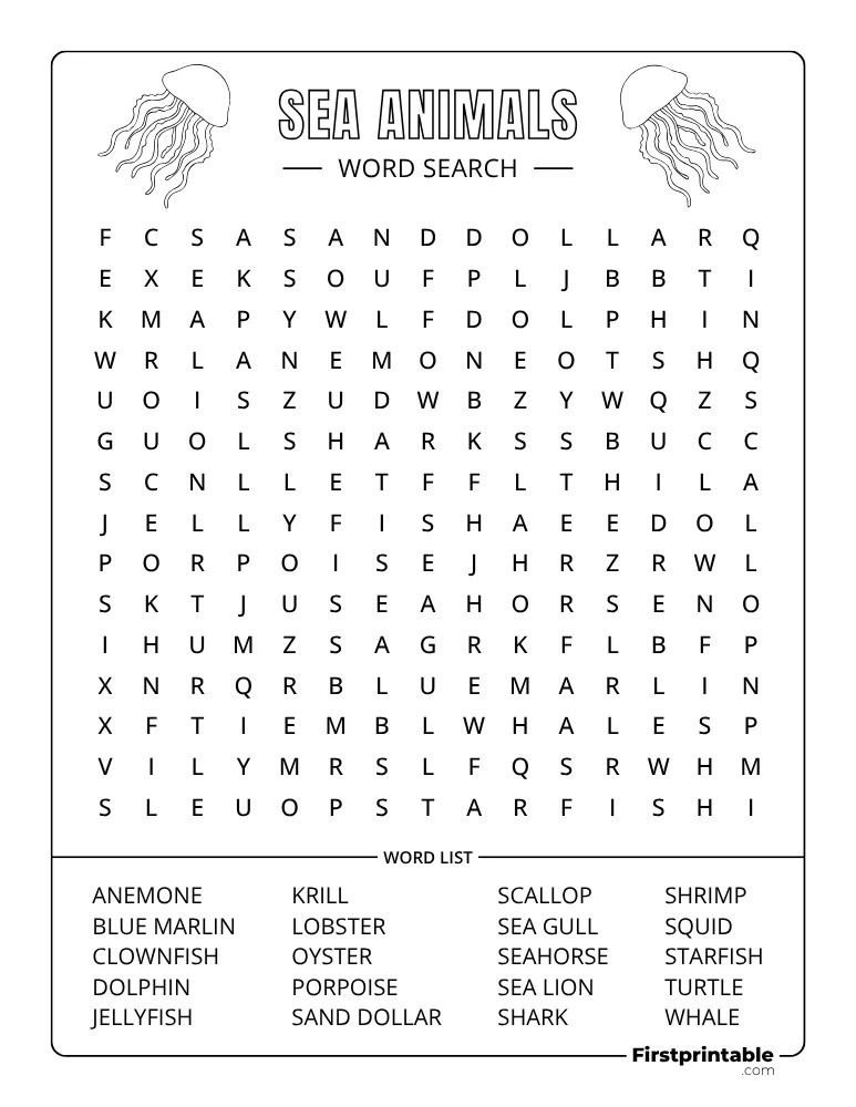 Sea Animals Word Search - Medium 04