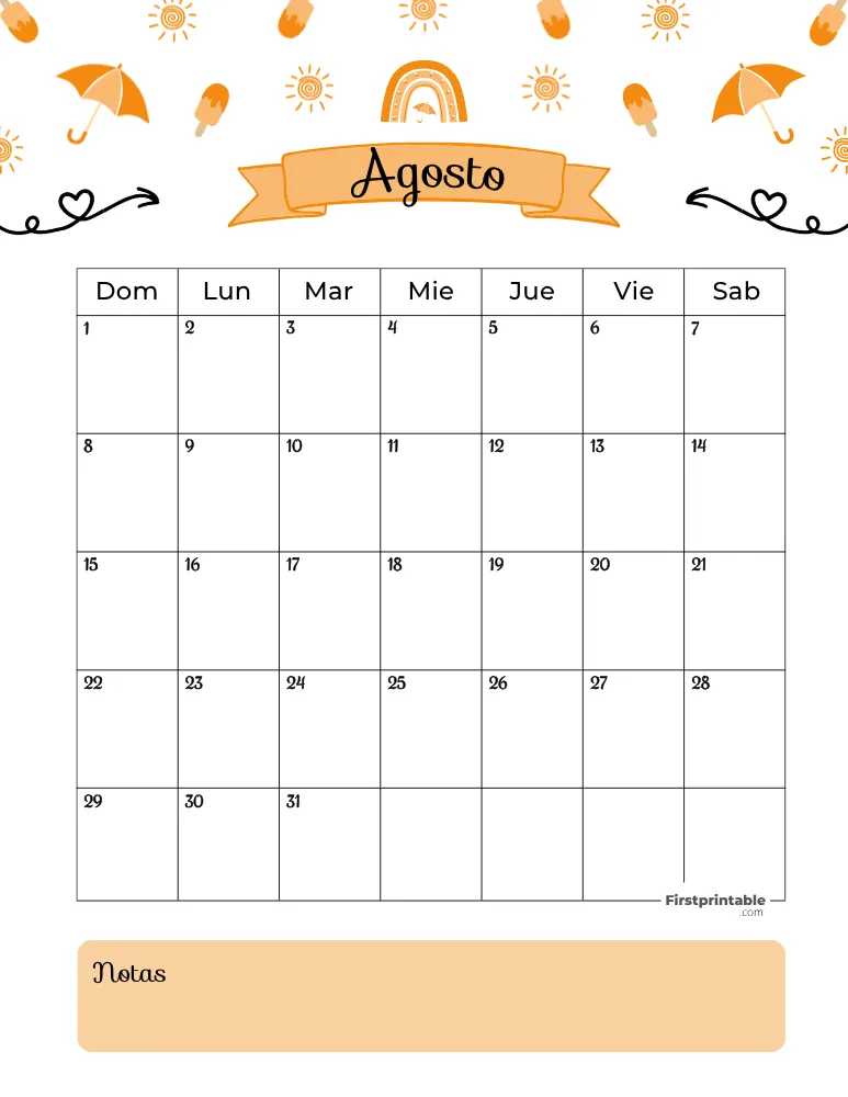 Spanish August Calendar 2027 Summer Template 28