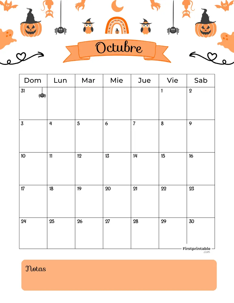 Spanish October Calendar 2027 Halloween Template 28