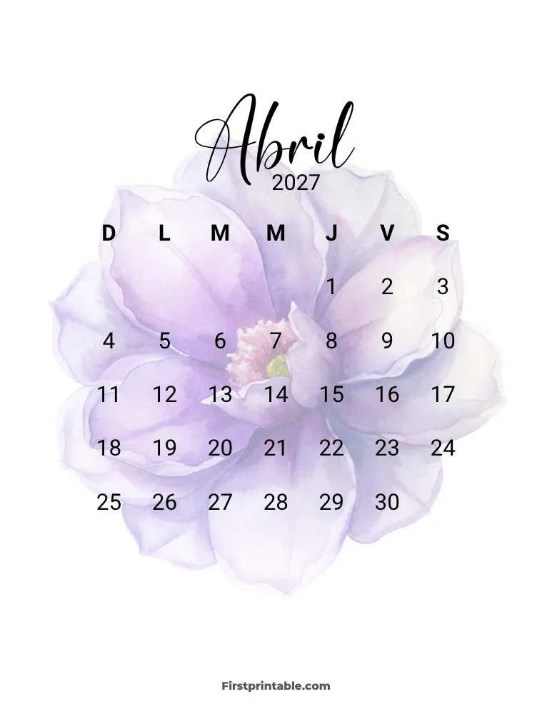 Spanish Printable April Calendar 2027 Template 27