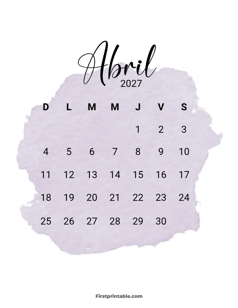 Spanish Printable April Calendar 2027 Template 30